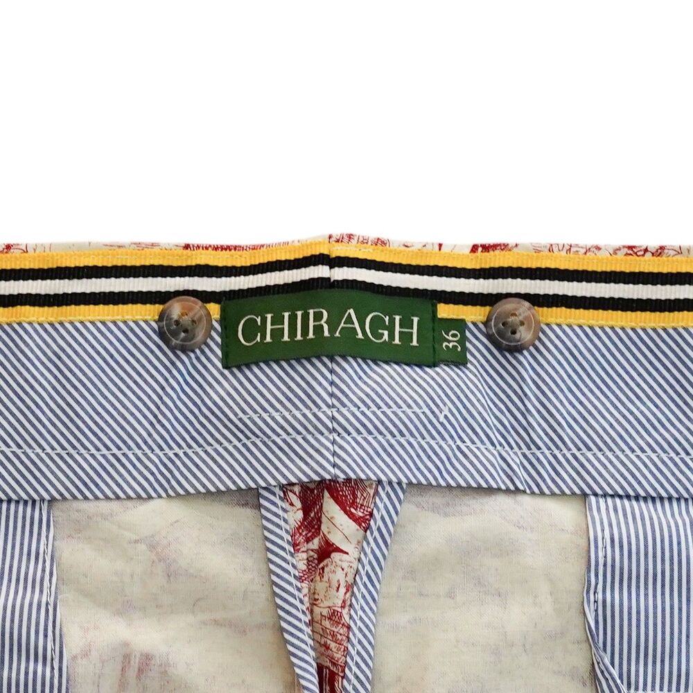 Mens 36 Red Cream Graphic Print Gurkha Pants Cotton Flat Front Slim Fit Trousers - Picture 2 of 6